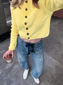 جاكيت كارديجان محبوكة بأكمام راجلان وأزرار، بياقة دائرية، بأكمام طويلة، لون أصفر زبدي، للنساء في الربيع والصيف والخريف، للاستخدام اليومي