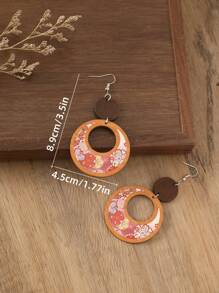 1 Pair Bohemian Style Wooden Floral Print Earrings, Double Circle Single-Side Colorful Flower Pattern Unique Yellow Ear Accessories