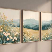 3幅墙面艺术海报（可选画框）/ 带框三联旅行主题山地雏菊野花风景画，3幅儿童房墙面装饰，大型野花客厅装饰，即时数字下载，带框墙面艺术品（由于光线、显示器等原因，可能存在轻微色差） - 彩色 - 查看 1