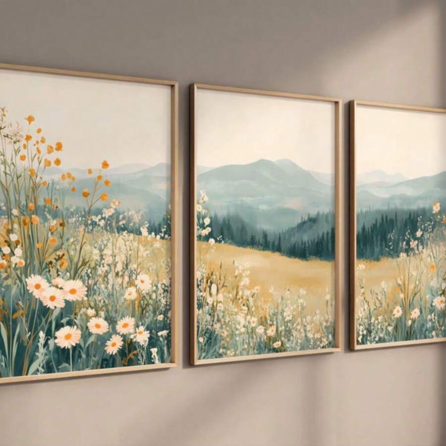 3幅墙面艺术海报（可选画框）/ 带框三联旅行主题山地雏菊野花风景画，3幅儿童房墙面装饰，大型野花客厅装饰，即时数字下载，带框墙面艺术品（由于光线、显示器等原因，可能存在轻微色差） - 彩色 - 查看 1