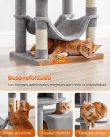 Árbol para Gatos de 191 cm de Altura, Rascador para Gatos con 5 Postes, 2 Plataformas, 2 Cuevas, Hamaca, 2 Pompones, Felpa Multicapa, Gris Claro - Gris Claro - Ver 5