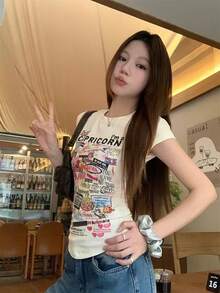 女士不对称印花短袖T恤，复古优雅百搭上衣，夏季休闲款 - 杏色 - 查看 6