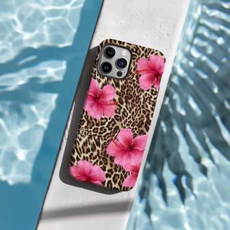 Leopard & Pink Hibiscus Phone Case, Tropical Floral, Animal Print Cover Compatible With IPhone 17 Air 17 Pro Max 16 Pro 15 14 Plus 13 12 11
