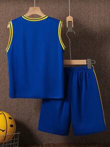 2 件套青少年男童 LOSANGELES 30 号透气速干篮球球衣和短裤运动套装，春夏 - 藍色 - 查看 2