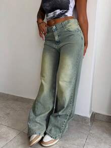 Women's Ombre Color Button Pocket Zipper Wide Leg Loose Fit Jeans - Light Wash - View 3