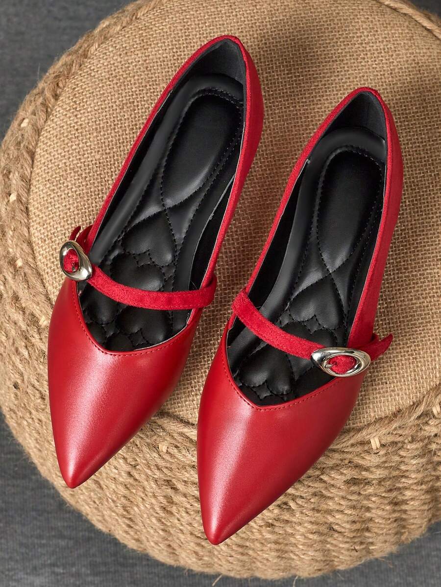 1 Pair Women's Pointed Toe Flat Shoes, Soft Leather Comfortable Work Office Shoes, Versatile Loafers, Slip-On Style Ballet Flats - Đỏ - Xem 1