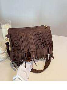 1 pieza Bolso de mano informal de verano de color café con cremallera suave de piel sintética, volantes decorativos, unicolor versátil y elegante, adecuado para uso diario de mujeres - Café - Ver 4