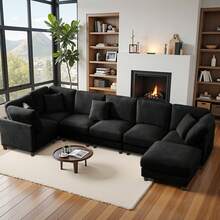 7-Seater Corduroy Modular Sectional Sofa, L-Shaped Couch, U-Shaped Sectional Sofa With Footrest, 4-Pack Shipping, Living Room Furniture, Darkgray - 黑灰色 - 查看 4