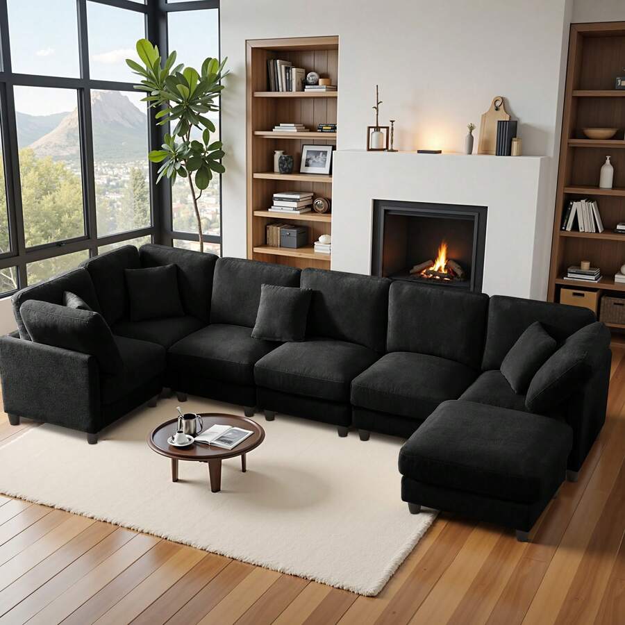 7-Seater Corduroy Modular Sectional Sofa, L-Shaped Couch, U-Shaped Sectional Sofa With Footrest, 4-Pack Shipping, Living Room Furniture, Darkgray - 黑灰色 - 查看 1