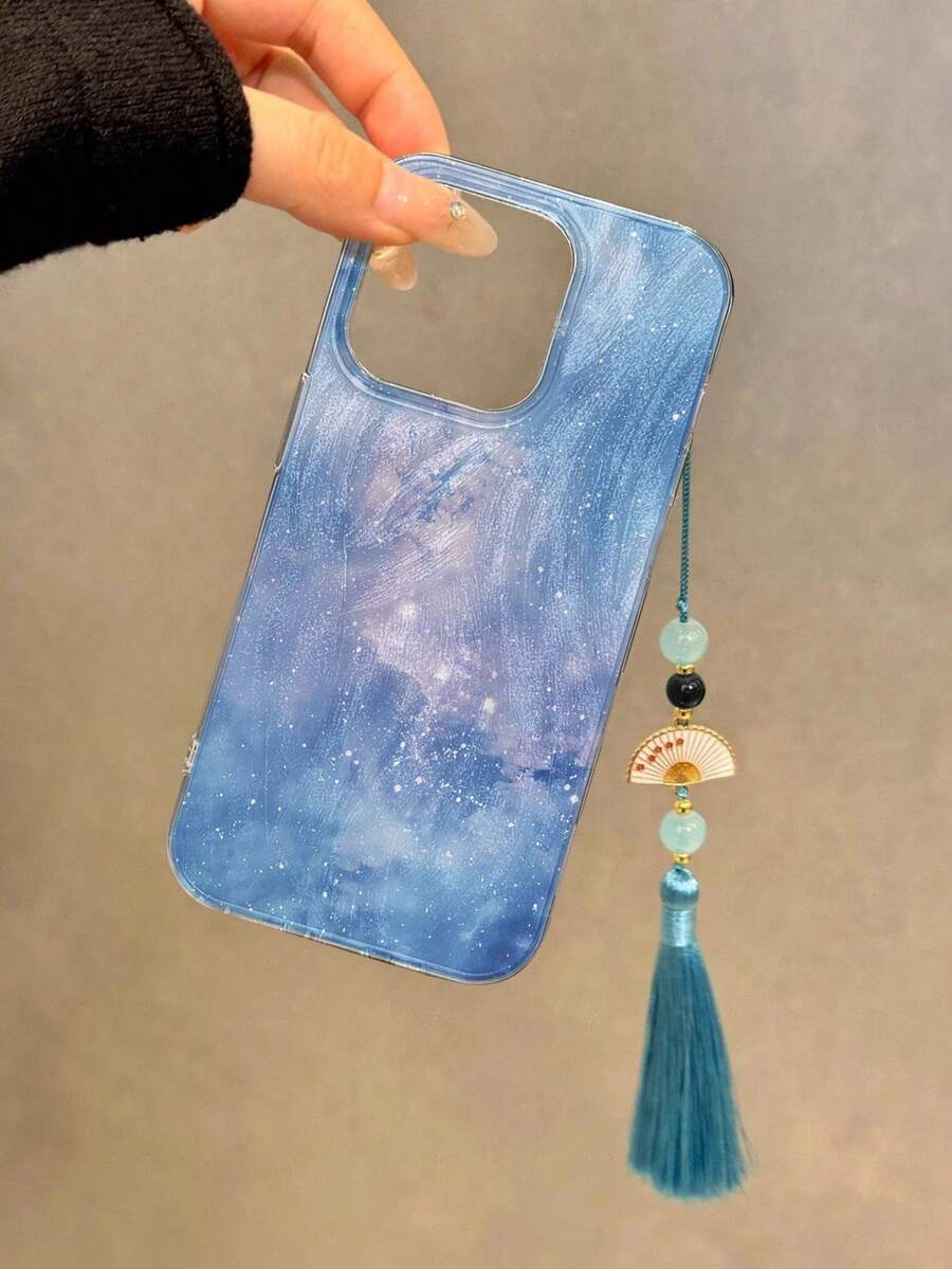 蓝色手机壳扎染画高端时尚中国风流苏银色手机壳带挂饰，适用于 16/16 Pro Max、15、15 Pro Max、Apple P13、P14、P11、P12、XS、XR、7/8P、7/8 GES2、A14/A15、S23U/A50、A12、A32、A52、A72、A51、A21S、A13、A14、S22 Ultra、S23、A33、A53、S20 FE 手机壳 - 彩色 - 查看 1