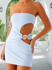 Women's Bodycon Strapless Mini Dress Cutout Waist With Shell Ornament Ruched Design Tube Dress For Night Out - Blue - View 10