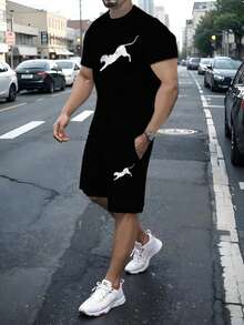 Black Casual Simple Leopard Print T-Shirt & Shorts Matching Set, Unisex - Multicolor - View 1