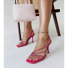 Sandalias de tacón alto con decoración de rhinestones, elegantes para verano de mujer - Rosa - Ver 4