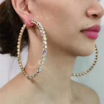 1 Pair 4cm - 10cm White Crystal Round Hoop Earrings, Golden