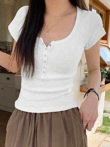 Vaiaye 女式夏季修身纯色针织短袖T恤 - 白色 - 查看 5