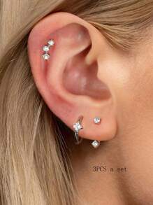 3 طقم أقراط للنساء، أقراط صغيرة للحواف والدائرية وقفل الأذن للثقوب المتعددة، لا تسبب الحساسية، مجموعة أقراط ثقب الغضروف