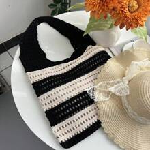 1 New Luxury Crocheted Tote Bag For Women, Open Weave Black & White Striped Contrasting Color Large Capacity Foldable Beach Bag, Suitable For Summer Beach Travel And Single's Party Gifts