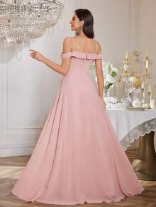 UNITHORSE Robe de demoiselle d'honneur élégante avec jupe évasée à taille croisée et ourlet volant de couleur unie - Rose bonbon - Voir 3