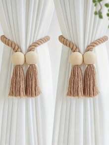 2pcs Rope Wooden Tassel Magnetic Curtain Tie Backs, Simple Wooden Tassel Magnetic Curtain Hooks, Curtain Holders Suitable For Bedroom, Living Room, Kitchen Home Decor, Room Decoration, Wall Decor - Beige - View 2