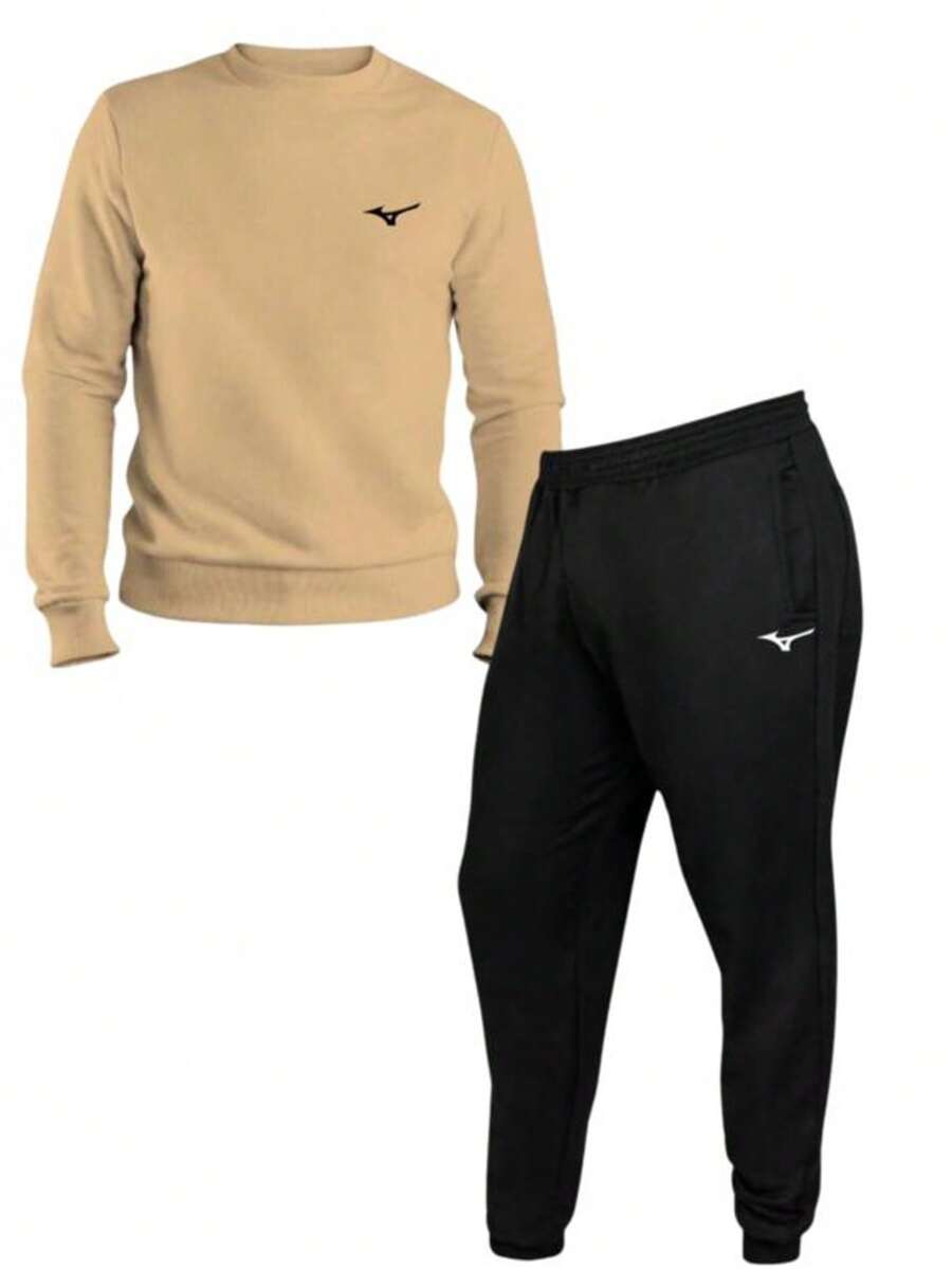 Men's Round Neck Sweatshirt + Sports Gym Pants Kit Set Promotion - 卡其色 - 查看 1