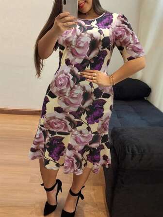 Plus Size Women's Vintage Floral Print Ruffle Dress, Summer Jersey Fabric Crew Neck Polyester And Spandex Midi Dress