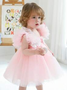 女婴粉色蝴蝶结盖袖公主裙，适合 1 岁生日派对、婚礼、典礼、节日庆典 - 淺粉色 - 查看 3