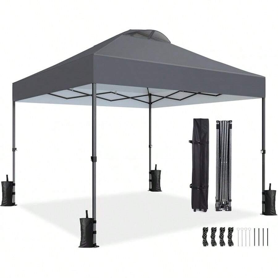 Amada 10x10ft 1-Person Setup Pop Up Canopy Tent - Easy Outdoor Sun Shade For Events, Parties, Camping, Gazebo With Wheel Cover Bag, Beach Tent With 3-Speed Adjustable Height,Blue - 深灰色 - 查看 1