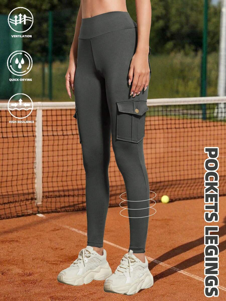 女士实用口袋瑜伽紧身裤，提腰提臀健身紧身裤 - 深灰色 - 查看 1