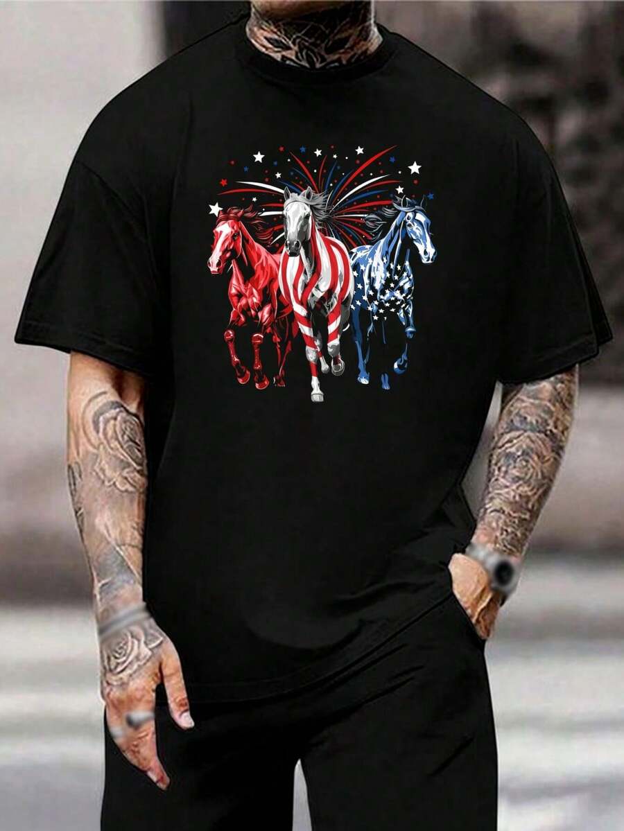 Camiseta patriótica de caballo con bandera estadounidense - Camiseta del Día de la Independencia de EE. UU. - Gráfico rojo, blanco y azul - Camiseta del 4 de julio - Ropa para festivales de verano - Parte superior de mezcla de algodón para hombre y mujer - Regalo para marido - Negro - Ver 1
