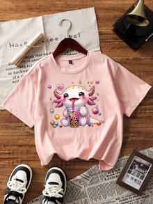 3pcs Tween Girls Axolotl Cartoon Print Casual Short Sleeve T-Shirts, Young Student Summer Tops Kids Love - Multicolor - View 3