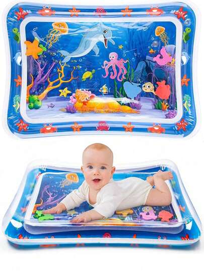 1个加厚充气海豚婴儿水垫，儿童拍打垫，PVC海洋鱼图案水上游戏垫玩具，婴儿拍打垫坐垫（款式和颜色随机），适合室内、沙滩、爬行和训练 - 适用于婴幼儿和新生儿，锻炼肌肉，促进发育 - 承重50公斤，柔软玩具，感官玩具，减压玩具，旅行玩具，婴儿必备，幼儿玩具，水上玩具，圣诞节，儿童生日礼物