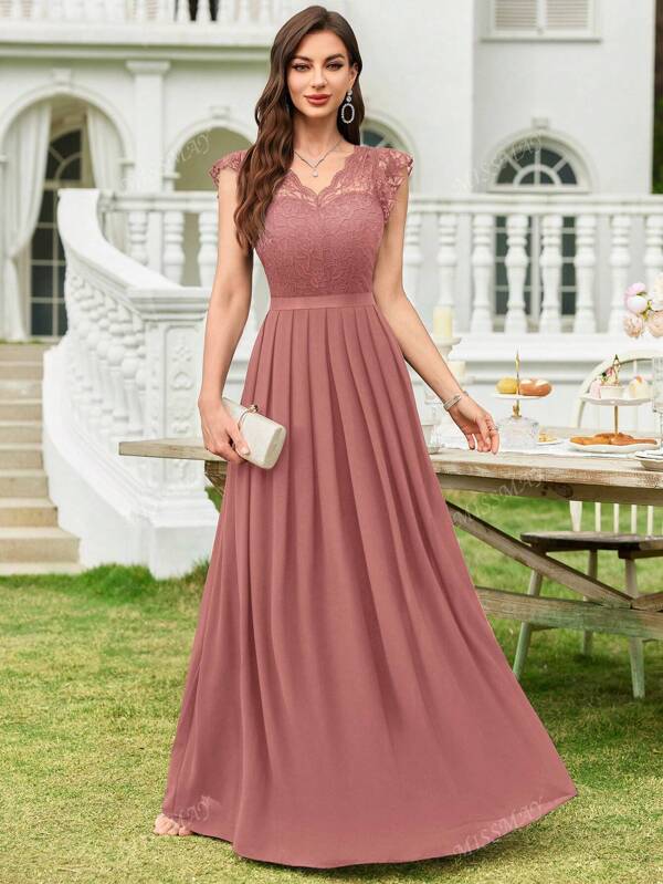 Elegantes langes Kleid mit Spitzenoberteil, V-Ausschnitt, Schößchen-Ärmeln, Kontrast-Chiffon, plissiertem Saum für formelle Abendveranstaltungen, Hochzeitsgast-Kleid, Brautjungfernkleid für Geburtstag, Abschluss, Homecoming, Ballkleid
