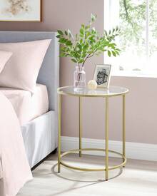Mesa Auxiliar Redonda, Mesita de Noche de Cristal con Marco de Acero, Mesa de Centro Pequeña, para Salón, Balcón, Decorativo, Dorado y Transparente - Dorado - Ver 2