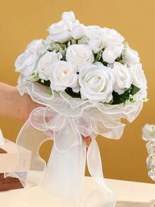 10英寸心形水晶新娘捧花，蕾丝蝴蝶结丝绸玫瑰婚礼仪式道具，毕业舞会礼物