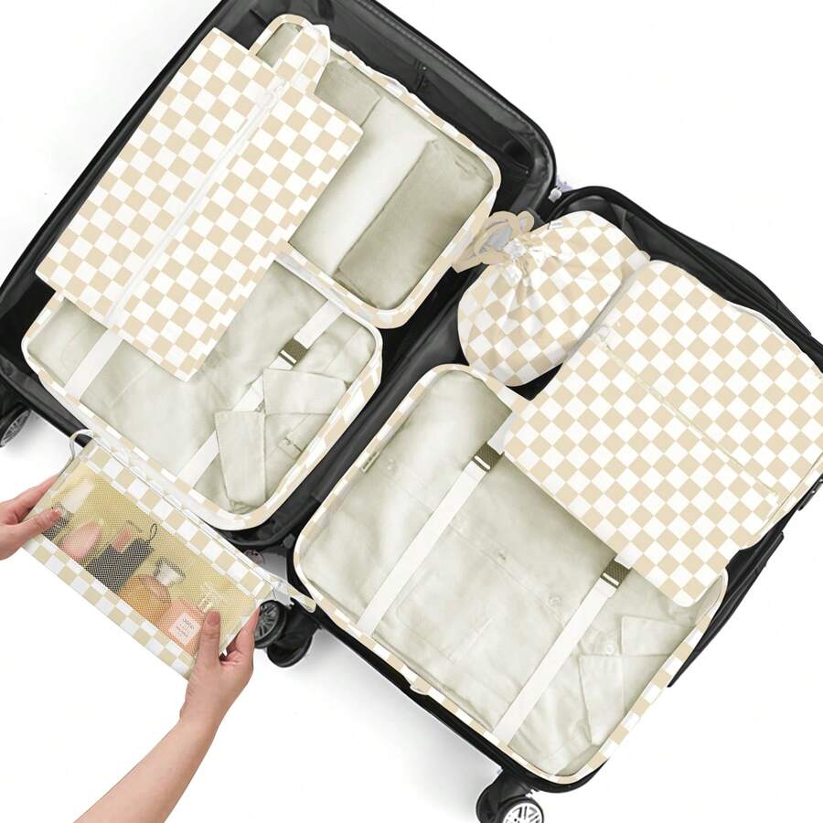 8pcs Travel Packing Cubes Set,Travel Portable Clothes Storage Bags, Compression Storage Shoe Bag, Clothing Underwear Bag, Luggage Packing Organizers,Pack Your Luggage With Ease ,Travel Essential Accessories - 卡其格子 - 查看 1