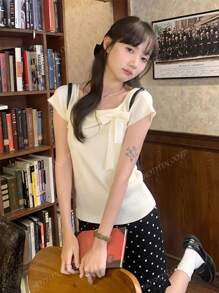 Pure Sexy Off-Shoulder Bowknot Short Sleeve Knit Sweater, Sweet Elegant Slimming Blouse For Women, Summer New Arrival