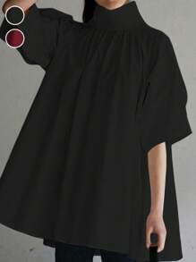 Camisa holgada para mujer talla grande, de diseño suelto, con cuello alto, manga corta y botones de seta