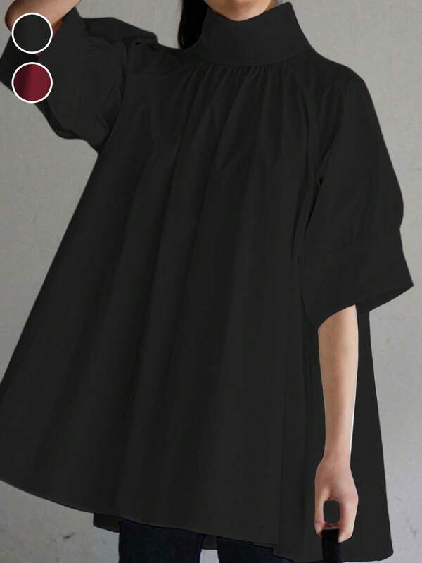 Women Plus Size Casual Loose Design Stand Collar Half Sleeve Pullover Mushroom Button Shirt