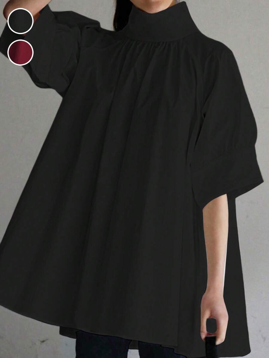 Camisa holgada para mujer talla grande, de diseño suelto, con cuello alto, manga corta y botones de seta