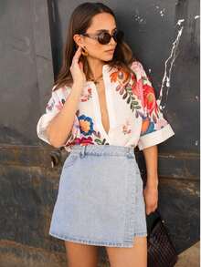 Camisa de mujer de manga corta con estampado floral y ajuste holgado, adecuada para vacaciones, uso diario, casual, primavera/verano, color blanco - Blanco - Ver 6