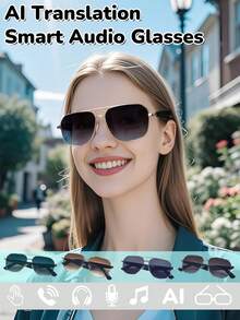 AI Translation Glasses, Wireless Smart Glasses, Support 100+ Languages, Anti-Blue Light Lenses, Built-In Microphone/Speaker, Open Ear Music & HD Calling, Control Photo Taking, USB Magnetic Charging, 360° Spatial Surround Sound, Fashionable Design For Office, Fitness, Hiking, Travel, Business, Study, Perfect Gift For Men And Women - Khung vàng, tròng kính xanh - Xem 3