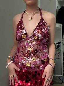 Women Y2k Sequin Halter Cami Tops Summer Deep V Neck Spaghtti Strap Backless Sexy Crop Tank Tops Sheer Mesh Patchwork Slim Fit Shirt Fairy Grunge Going Out Tops E-Girls Vintage Aesthetic Clothes Clubwear