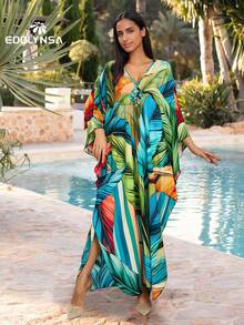 女式宽松V领热带植物印花蝙蝠袖沙滩罩衫连衣裙 - 綠色 - 查看 5