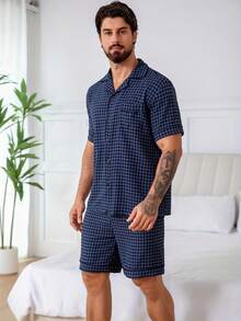 2Psc Man's Knitwear Pajamas,  Short-Sleeved Top And Shorts |  Christmas Pajamas Men - Màu xanh hải quân - Xem 6