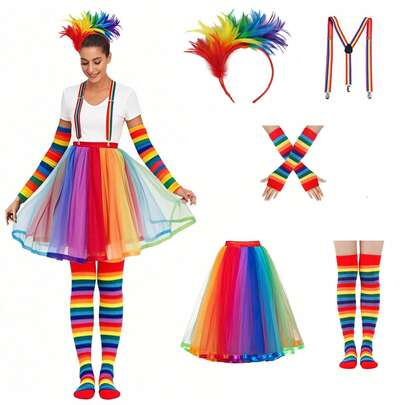 Adult Women's Party Costume Accessories Set, Includes Feather Headband, Colorful Suspenders, Colorful Arm Sleeves, Thigh High Socks, Rainbow Tutu Skirt, 3pcs/5pcs Set, Skirt Length 62cm, Colorful Mesh Patchwork Tulle Skirt With Elastic Waist, Suitable For Carnival, Halloween, Christmas, Various Festival Parties