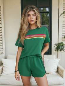 2 Piece Lounge Sets For Women Summer Rainbow Striped Tops Casual Shorts Color Blocked Suit Sweatshirts Set - Green - View 4
