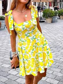 Vestidos de moda elegantes y casuales de estilo resort para mujer en primavera y verano con diseño de estampado de limón, sin tirantes, con nudo, sin mangas, escote halter y línea A, en mini longitud