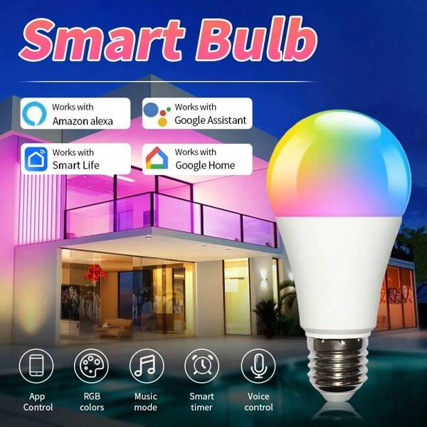 Bombilla inteligente RGB, control por voz, programación horaria inteligente, ajuste multicolor, iluminación con ritmo de música ambiental, compañero de vida conveniente, adecuado para dormitorio, estudio, sala de estar, cocina y diversos escenarios interiores