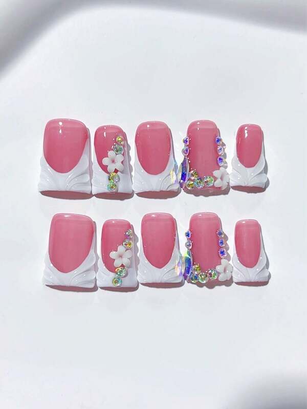 10 peças de unhas francesas brancas simples e elegantes feitas à mão; com diamante, decoração floral; suprimentos para unhas, unhas caseiras, unhas postiças DIY, unhas postiças de acrílico; adequadas para feriados, festas, uso diário; inclui 1 folha de cola gelatinosa e 1 mini lixa