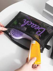 Transparent Mesh Makeup Bag With Beach Letters Pattern, Portable Storage Bag, Makeup Bag, Skincare Bag, Jewelry Organizer,Lip Oil Organizer,Nail Polish Organizer Makeup Bag Storage Makeup Organizer Makeup Case,Travel Essentials, Cruise Essentials Dorm Essentials,Home Decor,Bathroom Livingroom Bedroom Decor,Bathroom Organizer,Wedding Bridesmaid Gifts,Mom Gifts,Birthday Gifts,Gifts For Friends And Teachers,Vacation Gift - Black - View 2
